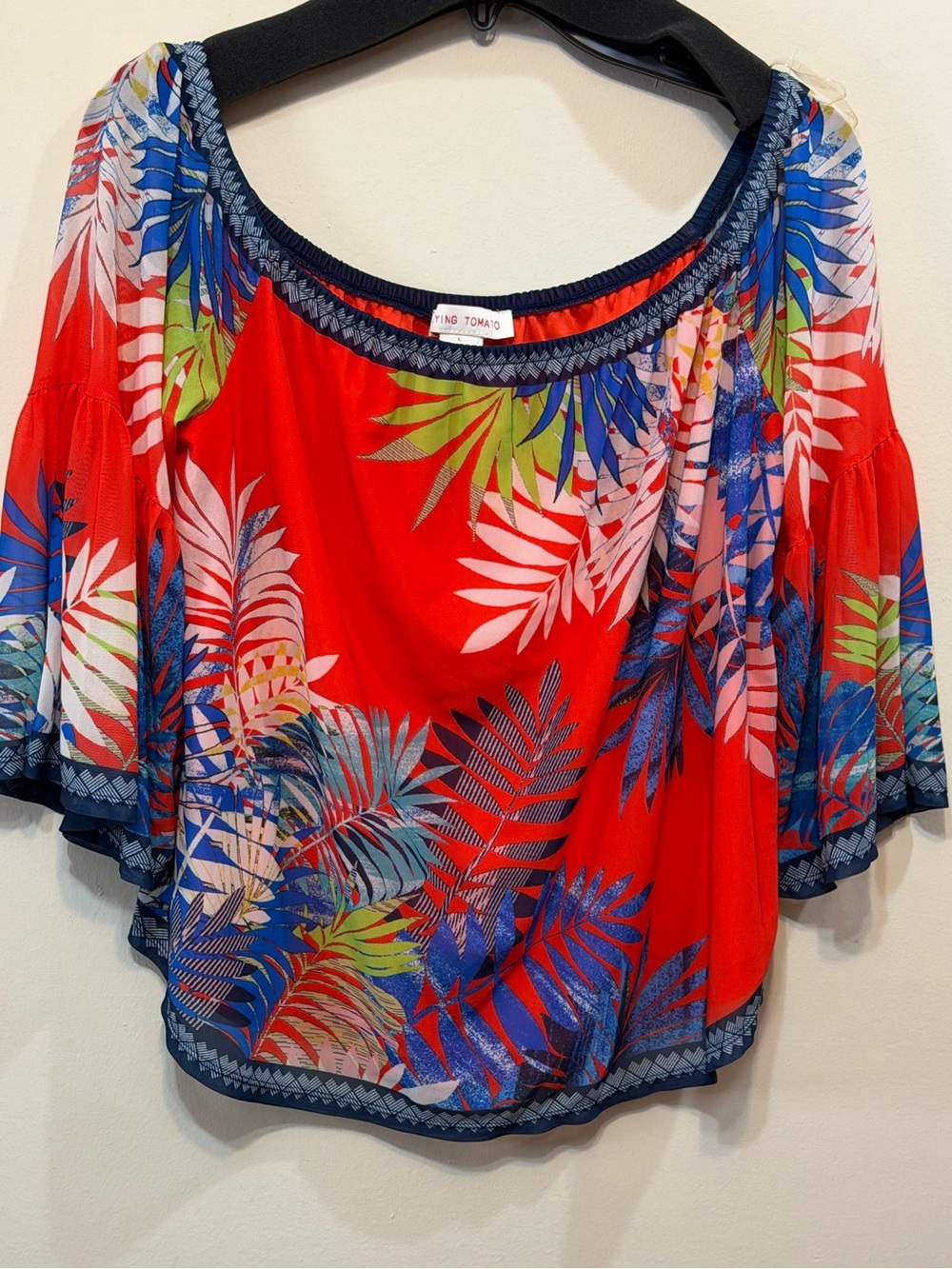 Flying Tomato Red Tropical Off-Shoulder Blouse with Blue & Green Leaf Print